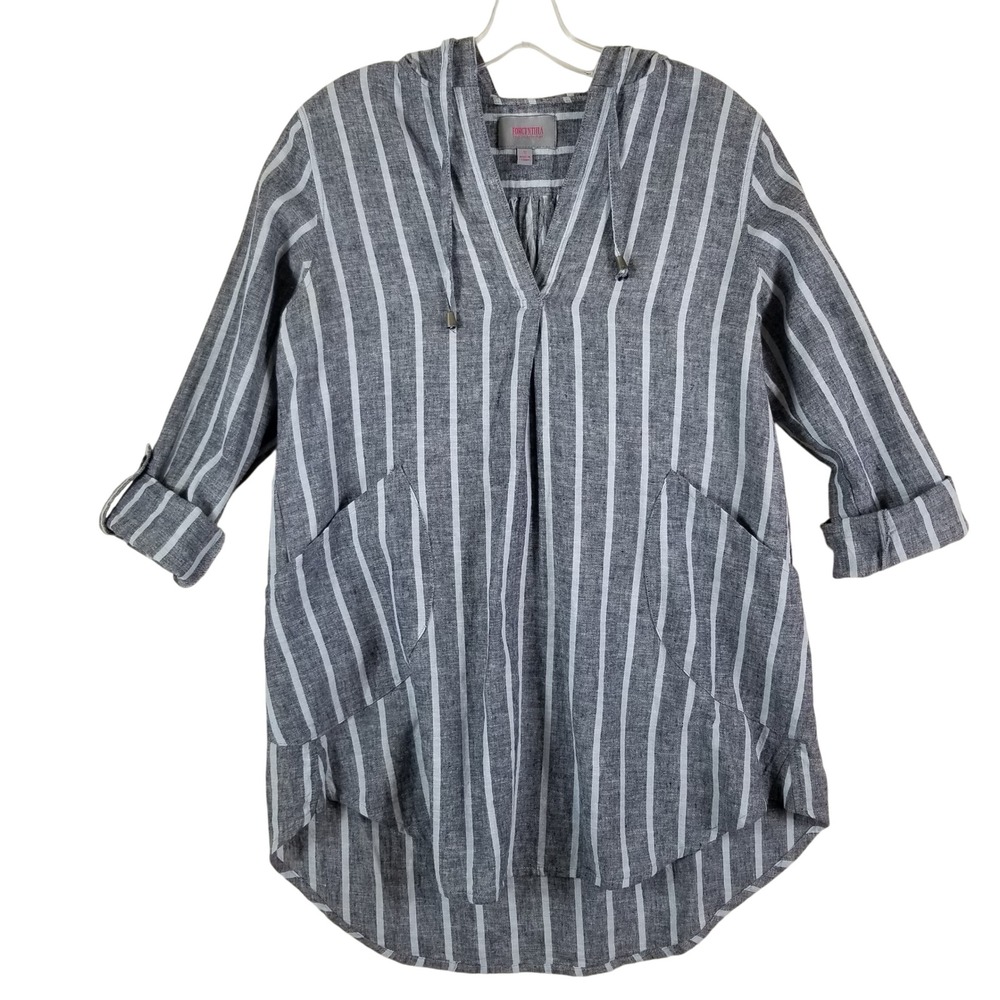 Forcynthia Beachwear Grey White Striped Linen Blend Hooded Tunic Top Small‎
